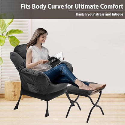 Lazy Chair with Folding Ottoman, Accent Chair Velvet Upholstered with Metal Structure and Non-Slip Pads, Sofa Armchair with Footrest and Side Storage Bag for Dorm, Office, Charcoal