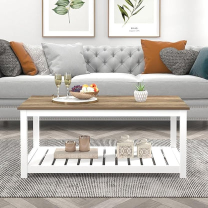 FOLUBAN Farmhouse Coffee Table with Storage Shelf, Rustic Vintage Wood Cocktail Table for Living Room, White