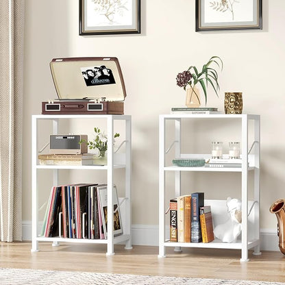 Hosfais 3 Tier Record Player Stand, Retro Vinyl Record Storage End Table Records Shelf for Living Room Bedroom (White)
