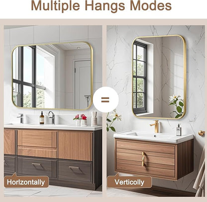 Brushed Gold Mirror, 24"x36" Rectangle Bathroom Mirror, Metal Frame Rectangle Corner Vanity Mirror, Wall Mounted Mirror for Modern, Living Room, Bedroom, Horizontal Or Vertical