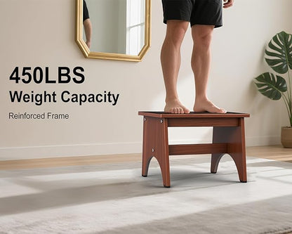 One Step Stool for Adults Seniors with Non-Slip Rubber Stepping Feet, Heavy Duty Wooden Step Stool, Portable Bed Steps for High Beds (Brown, 12 Inch)