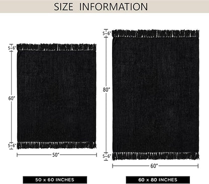 Chenille Throw Blanket for Couch 60"X 80" Twin, Soft Cozy Throws with Fringe Tassel for Bed Sofa Chair Cover, Lightweight Knitted Decorative Boho Blankets for Living Room, Black