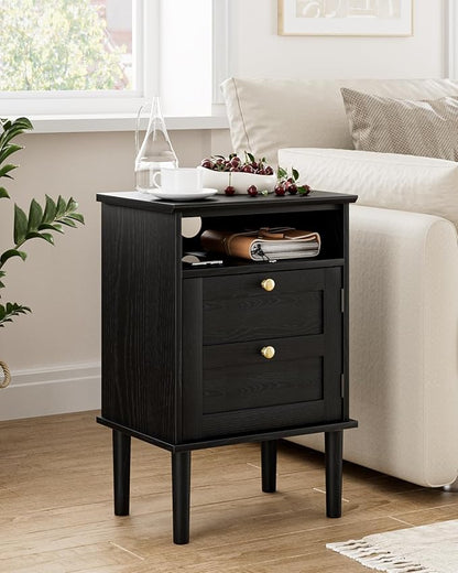 Nightstand, Boho Night Stand with 1 Drawers, Modern Side Accent Table with Open Shelf, Wooden Top Bedside End Table for Bedroom, Living Room, Black
