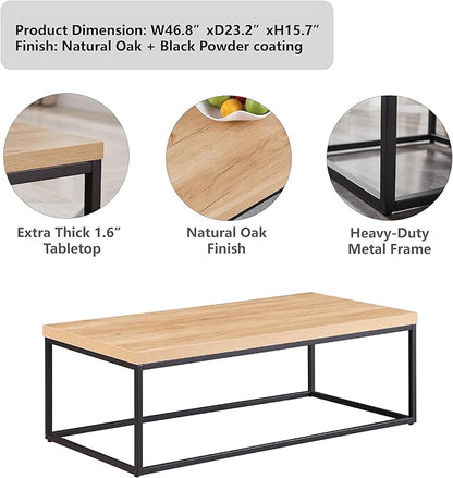 CENSI 47-Inch Natural Oak Accent Coffee Table/Center Table for Living Room, Rectangle Modern Industrial Style,Wood and Metal, Max.Loading 220 lbs. (White Oak)