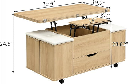 Merax Multi-Functional Lift-Top Coffee Table with Hidden Storage and Stools,Multi-Function Modern Center Table with 4 Stools and Casters,Perfect for Modern Living Spaces, Natural & White