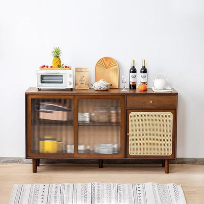 Tiita Bamboo Sideboard Buffet Cabinet, Rattan Kitchen Storage Cabinet with Drawer, Boho Coffee Bar Tables for Kitchen Hallway Office, Walnut