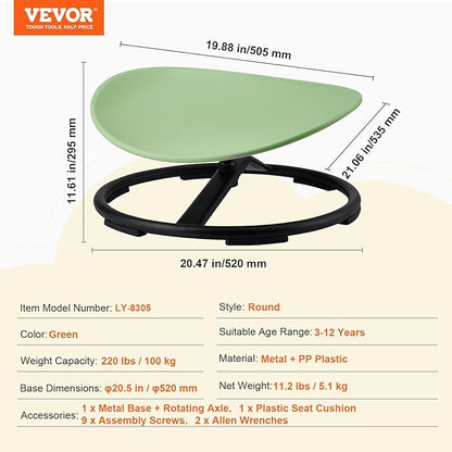 VEVOR Kids Swivel Chair, 220 LBS Capacity, Sensory Spinning Chair, Autistic Kids Sensory Toy with Non-Slip Metal Base, Toddler Sit and Spin for Coordination Balance Focus Training Green