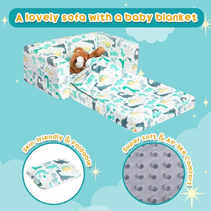 ALIMORDEN Fold Out Toddler Couch, Extra Wide Comfy 2-in-1 Cuddly Sherpa Sofa for Kids, with Removable Baby Friendly Blanket, Convertible Sofa to Bed, Dinosaur