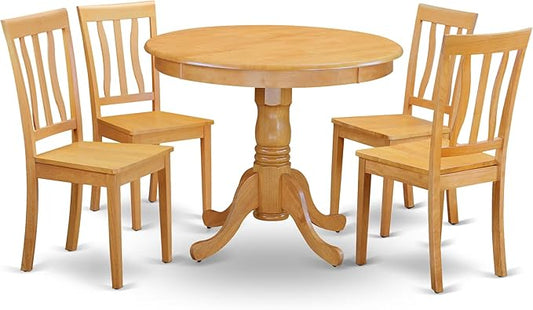 East West Furniture ANTI5-OAK-W 5 Piece Dining Room Table Set Includes a Round Wooden Table with Pedestal and 4 Kitchen Dining Chairs, 36x36 Inch, Oak