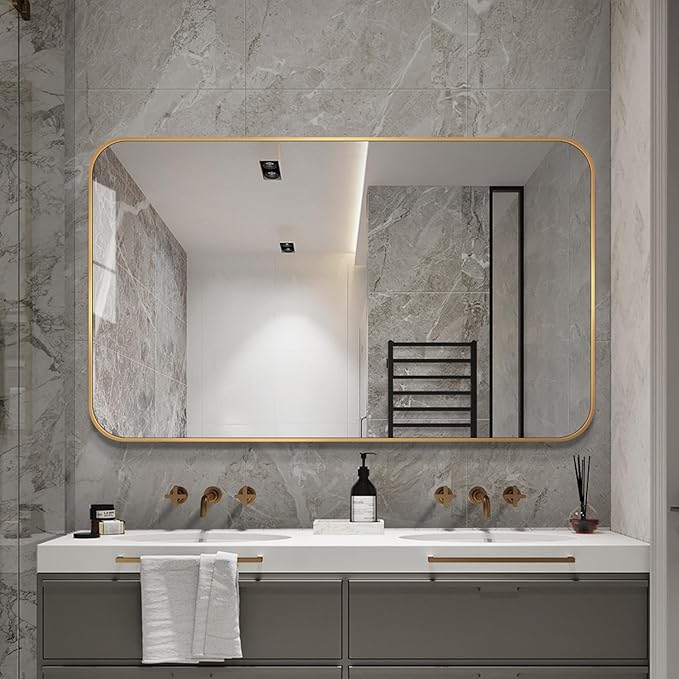 Large Modern Bathroom Mirror with Black Frame, 5mm Copper Free Silver Mirror,Black Frame, Easy Installation (Golden, 30" L x 24" W)