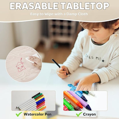 Adjustable Kids Table & Chairs Set for Ages 3-8 | 31.5"x23.6" Easy-Clean Activity Table | Meets ASTM/CPSC Standards for Daycare, Homeschool & Playroom (Natural-Wood, 2 Chairs)