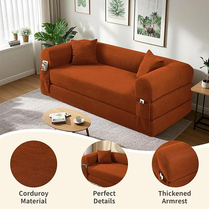 80" Convertible Sofa Bed, 3-in-1 Corduroy Folding Pull Out Couch with Pillows, No Assembly Modern Boneless Couch Compression Sofa in Box, Floor Sofa with Side Storage Pocket for Living Room, Orange