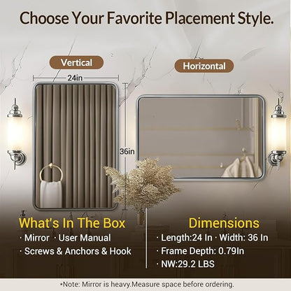 ANDY STAR 24x36 Brushed Nickel Bathroom Mirror, Stainless Steel Metal Frame with Rounded Corner Rectangle Bathroom Mirror for Over Sink, Modern Silver Mirror for Bathroom, Power Room, Living Room