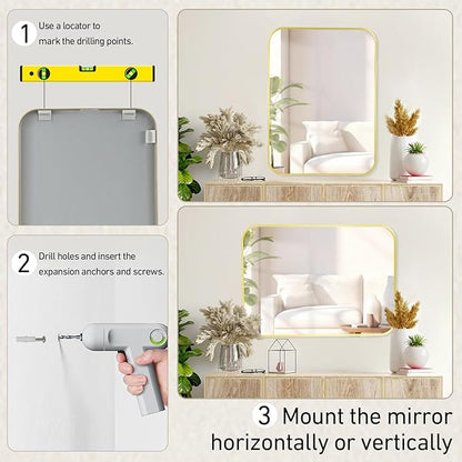20x28 Inch Bathroom Mirror for Wall,Matte Gold Framed Rectangle Mirror with Rounded Corner,Aluminum Alloy Framed Brushed Wall Mirror for Bedroom or Living Room,Vertical or Horizontal