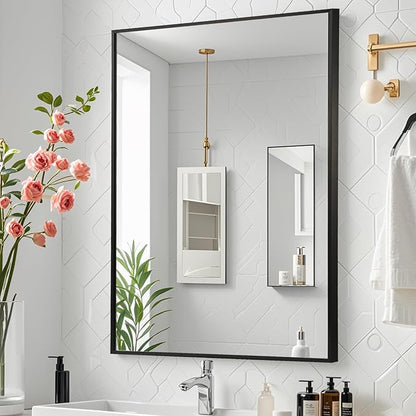 Black Bathroom Mirror, 24"x36" Rectangle Mirror, Matte Black Mirror, Metal Frame Square Corner Vanity Mirror, Wall Mounted Mirror for Modern, Living Room, Bedroom, Horizontal Or Vertical