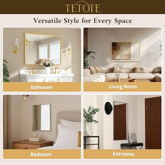 TETOTE Brushed Gold Mirror for Bathroom Sink 24" x 36" Beveled Frame Brushed Gold Brass Vanity Rectangle Mirror for Bathroom Wall, Modern Farmhouse, Tempered Glass, Stronger Frame