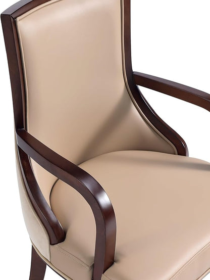 Manhattan Comfort Grand Faux Leather Dining Chair with Arms, Padded Wingback Seat, Fine Rectangular Stitching and Solid Wood Frame, Set of 1, Tan