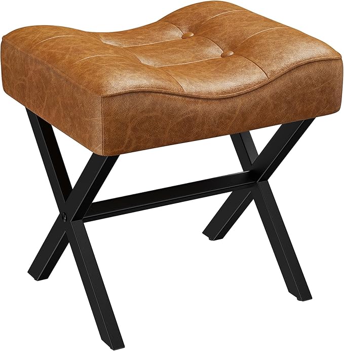 18-Inch Large Leather Vanity Stool, Vanity Chair with Metal X-Leg, Ottoman Foot Stool with Thick Padded Saddle Seat, Brown