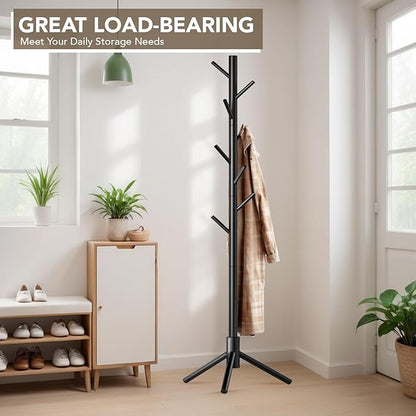 Wooden Tree Coat Rack Stand,Sturdy Freestanding Coat Rack with 8 Hooks,3 Adjustable Height for Child Adult,Wood Coat Stand Tree Fits Entryway Bedroom Office for Bags,Hats, 2 Pack