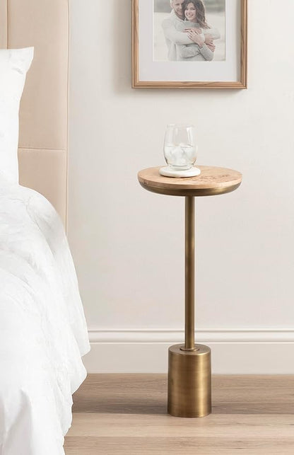 Kate and Laurel Xyler Modern Round Wood and Metal Drink Table, 10 x 10 x 24, Burlwood and Antique Brass, Transitional Pedestal Table for Use as Indoor Plant Stand or Living Room Decor Accent