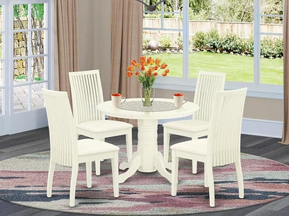 East West Furniture SHIP5-WHI-C 5 Piece Dining Room Furniture Set Includes a Round Kitchen Table with Pedestal and 4 Linen Fabric Upholstered Dining Chairs, 42x42 Inch, Linen White