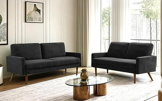 Kent 2 Piece Velvet Sofa and Loveseat Set, European Style with Modern & Vintage Flair, Upholstered 5 Seater Couch, Chic Living Room Furniture Seating for Home, Apartment or Office, Black