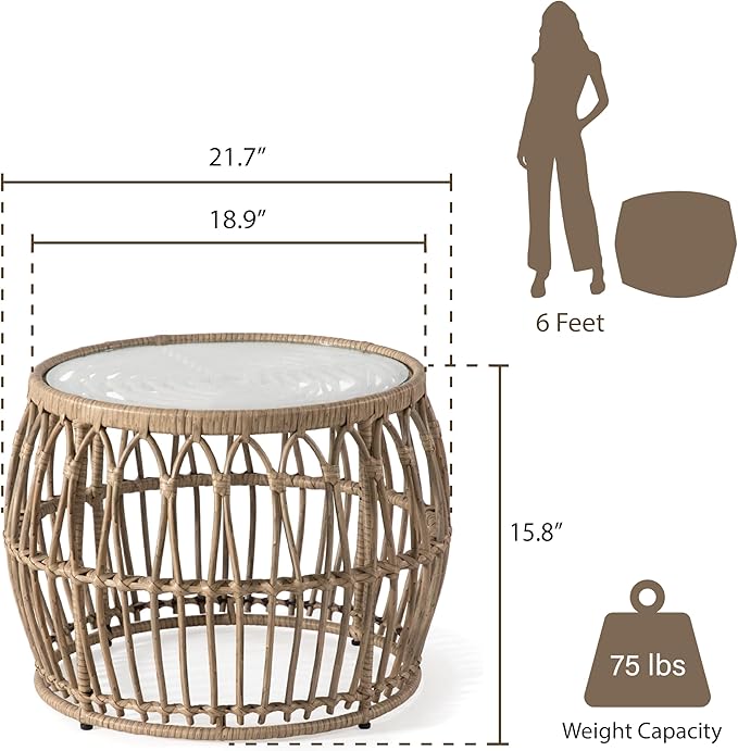 Muse & Lounge Co. Ysar Boho Rattan Round Coffee Table Outdoor with 5mm Tempered Glass Top, All-Weather and Rust Resistant Patio Furniture