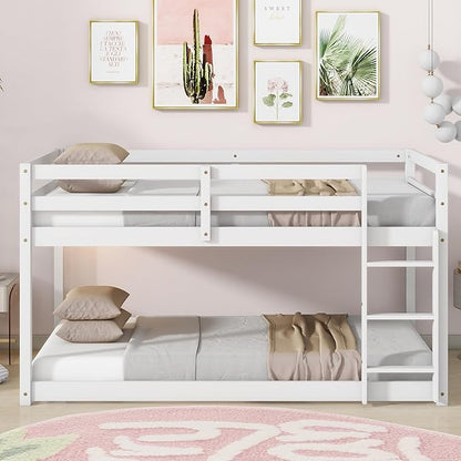 HomSof Twin Over Twin Low Floor Loft Bed with Guard Rails for Dormitory Bedroom,Bottom Without Bed slats,White
