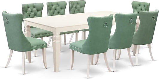 East West Furniture LGDA9-LWH-22 9 Piece Dining Set Consists of a Rectangle Dining Table with Butterfly Leaf and 8 Polyester Fabric Chairs, linen white