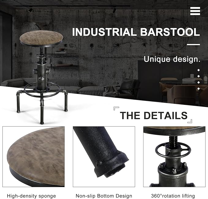 Topower Antique Vintage Industrial Barstool PU Leather Water Pipe Fire Hydrant Design Cafe Coffee Industrial Bar Stool Set of 2 Silver