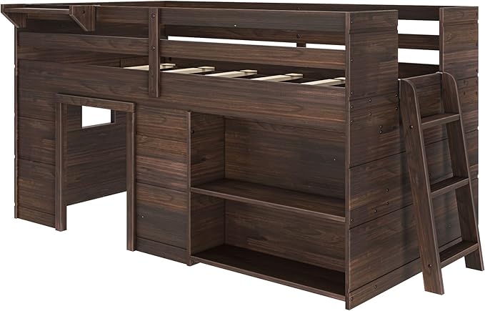 Max & Lily Modern Farmhouse Twin Low Loft Bed with Bookcase - Solid Wood, 15” Guardrails, 400-lb Capacity, Low-VOC Finish, Barnwood Brown