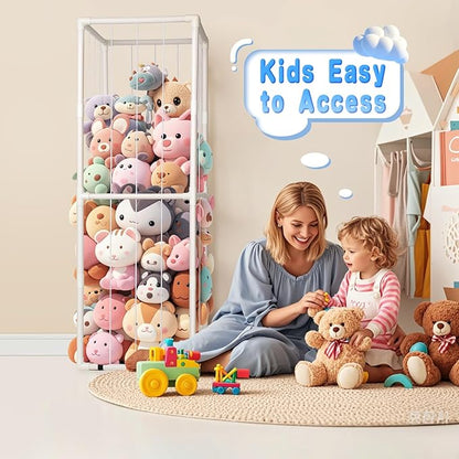 Stuffed Animal Zoo Storage - Tall PVC Material Toy Organizer with Elastic Cords & Shelf, Space-Saving Plushie Playhouse for Nursery, Playroom, Kids Bedroom - Easy Assembly
