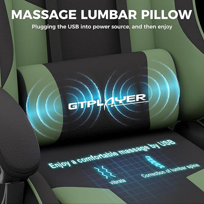 GTPLAYER Gaming Chair, Computer Chair with Footrest and Lumbar Support, Height Adjustable Game Chair with 360°-Swivel Seat and Headrest and for Office or Gaming (Green, Fabric)