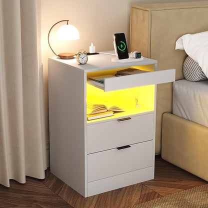 Gadroad LED Nightstand with Charging Station, Bedside Table with 3 Drawers and LED Lights, End Table Sofa Couch Side Table with Pull-Out Shelf, White