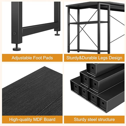 L Shaped Computer Desk with Reversible Shelves, 47 Inch Small Corner Desk with Storage Bag, Gaming Desk Computer Table Study Writing Table for Home Office Bedroom Small Space, Black