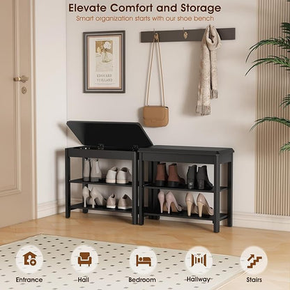 Shoe Rack Bench Seat Rubberwood 2-Tier Wooden Storage Bench 550lbs Compact Mid-Century Modern Design for Entryway, Hallway, Closet, Front Door Entrance, Foyer