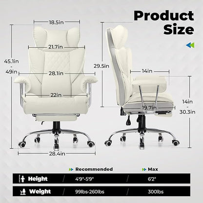 COMHOMA Big and Tall Office Chair, High Back Leather Gaming Chair with Footrest, Executive Ergonomic Office Chairs with Pocket Spring Lumbar Support and with Outward Fixed Soft Armrests
