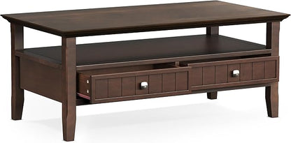 SIMPLIHOME Acadian Coffee Table - 48 inch Wide Solid Wood Transitional Cocktail Table with 2 Drawers in Brunette Brown, Classic Living Room Table with Storage Shelf and Tapered Legs