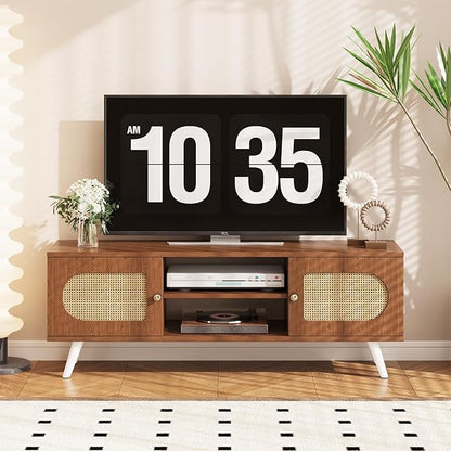 55" Rattan TV Stand for 65 Inch TV Solid Wood TV Console Entertainment Center with 2 Cabinets for Living Room Bedroom, Retro Brown