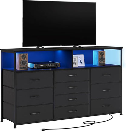 55W 10-Drawers Dresser with 2 Open Storage Shelves, TV Stand Dresser for 55,65 inch TV，with Power Outlets and LED Lights, Fabric Dressers Drawers for Bedroom, Living Room (Black)