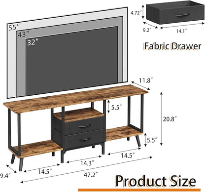 Small TV Stand with Fabric Drawers/LED Light for 55 inch TV, Entertainment Center with Storage Open Shelves，Media Console Table for Living Room, Bedroom, Rustic Brown