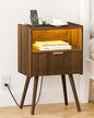 Nightstand, Modern Bedside Table with Charging Station and LED Lights, Night Stand with Storage Drawer and Solid Wood Legs