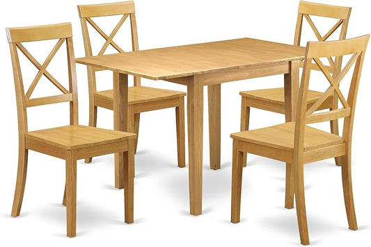 East West Furniture NDBO5-OAK-W 5 Piece Kitchen Table Set for 4 Includes a Rectangle Dining Room Table with Dropleaf and 4 Solid Wood Seat Chairs, 30x48 Inch, Oak