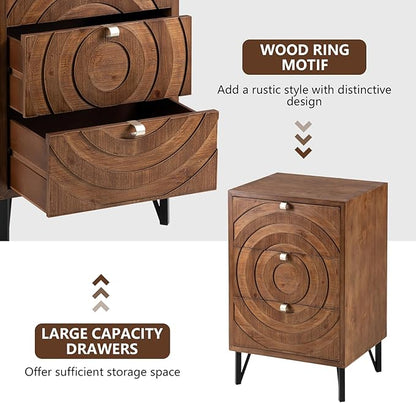 COSIEST Nightstand, Rustic End Table with 3 Drawers, Vintage Wood Bedside Table with Strudy Legs, Modern Side Table Accent Nightstand for Bedroom, Living Room(Brown,2 Pieces)