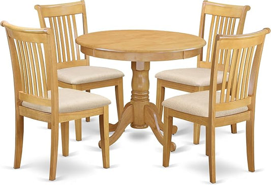 East West Furniture ANPO5-OAK-C 5 Piece Modern Dining Table Set Includes a Round Kitchen Table with Pedestal and 4 Linen Fabric Dining Room Chairs, 36x36 Inch, Oak