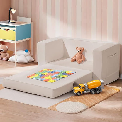 Kids Couch, 2-in-1 Toddler Chair Comfy 1-3 Years, Convertible Kids Chair, Toddler Couch That Fold Out, Kid Lounge Chairs for Boys and Girls, Soft Coral Fleece, Double, Beige