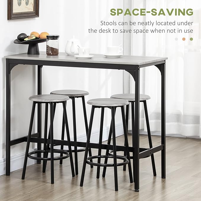 HOMCOM 5-Piece Counter Height Bar Table Set, Rustic 43.25" Dining Table with 4 Bar Stools, Kitchen Table with Wooden Top for Pub, Dining Room, Gray