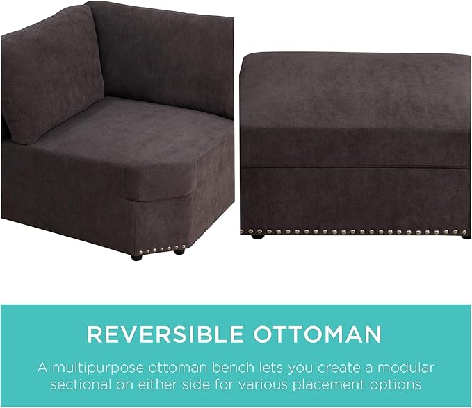 Sectional Couches for Living Room, Modular Sectional Sofa with Ottoman, Modern Nail-Head Design Large Corner L Shaped Couch with Cup Holder for Bedroom, Brown