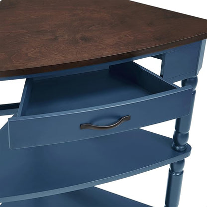 GDFStudio Trmxmbi 3 Tier Corner Console Table with 1 Storage Drawers and Shelves, 33.8'' Rustic Wood Triangle Sofa End Table for Small Spaces, Solid Wood Legs, Navy Blue and Espresso Top