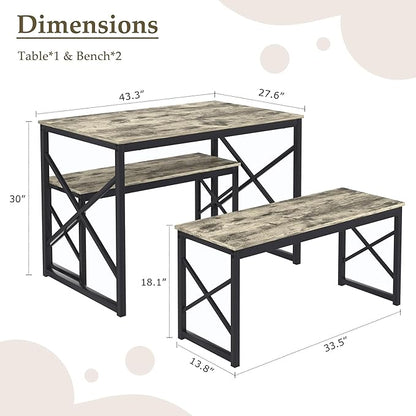 VECELO Kitchen Dining Table Set for 4, 43.3" Wood Rectangle Dinette with 2 Benches, Heavy-Duty Metal Frame for Small Space, Breakfast Nook, Grey